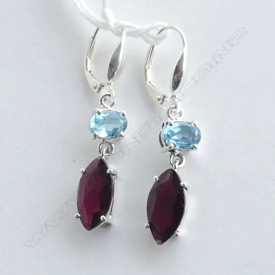 SILVER GARNET & BLUE TOPAZ DROP EARRINGS LEVER BACKS