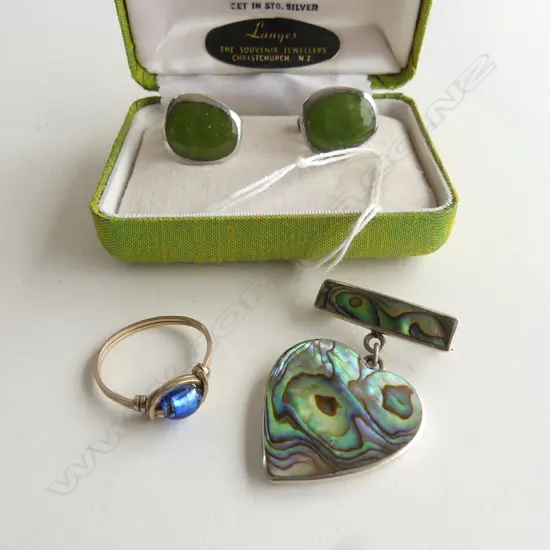 pr VINTAGE SILVER POUNAMU 'Mastercraft' cufflinks orig. box + SILVER & paua heart pendant + gold? ring