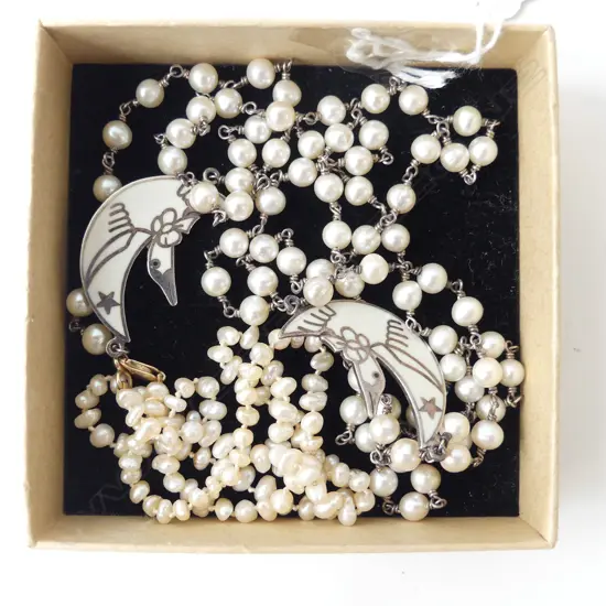 2 NECKLACES; SILVER & CULTURED PEARL + SEED PEARLS w. 18CT CLASP