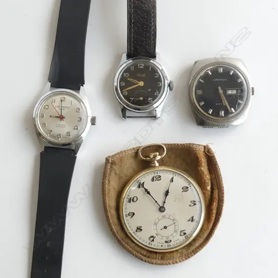 4 GENT'S WATCHES: 3 WRIST WATCHES Cravelle etc + gold plate pocket watch 
