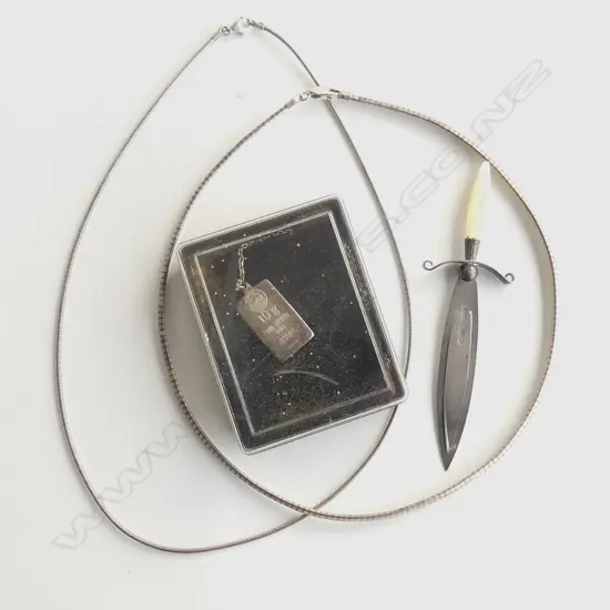 2 SILVER CHOKER NECKLACES + EDWARDIAN SILVER page maker + 10gm SILVER INGOT PENDANT NECKLACE