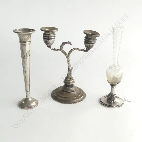 925 SILVER CANDLE HOLDER, 2 STG POSEY VASES H.170mm