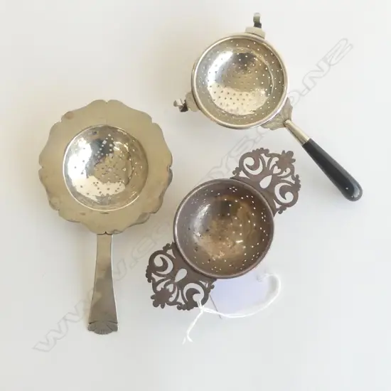 3 SILVER TEA STRAINERS (2 HALLMARKED, 1 UNSURE NOT WEIGHED) 67gms