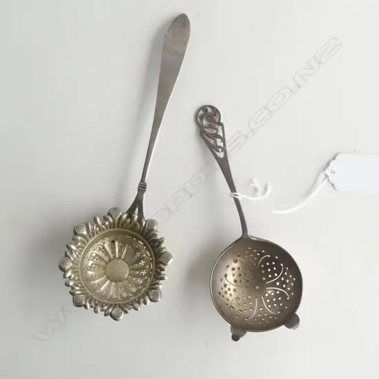2 SILVER TEA STRAINERS, 1 STG, 1 EURO MARKS 77gms