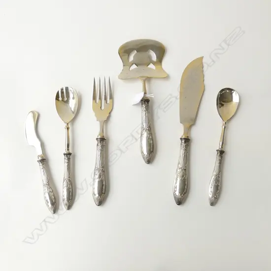 RUSSIAN .875 STG SILVER HANDLED 6PC SERVING SET INCL. SALAD SERVERS, FISH SERVERS, CHEESE KNIFE & CAKE SERVER, STAMPED 8