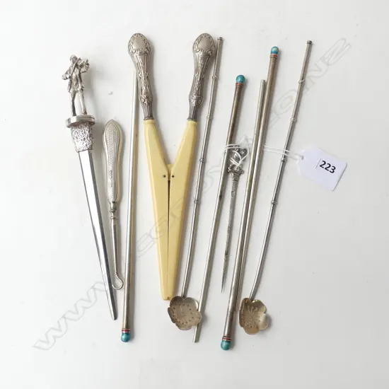 10 PCES, SOME STG; 6 STRAWS, GLOVE STRETCHERS, LETTER OPENER, PIN, BUTTON HOOK