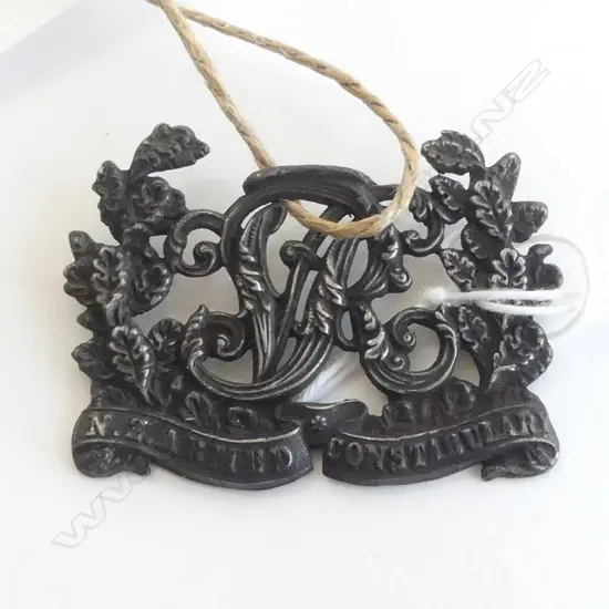 SILVER ARMED CONSTABULARY CAP BADGE 1866-1872 'VR'. missing crown.