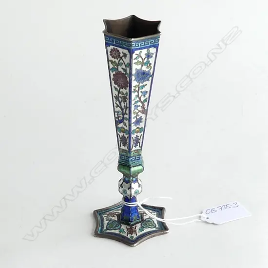 LATE CHING CHINESE SILVER & ENAMEL HEXAGONAL VASE FUJIAN CRAFT longevity symbols H.160mm