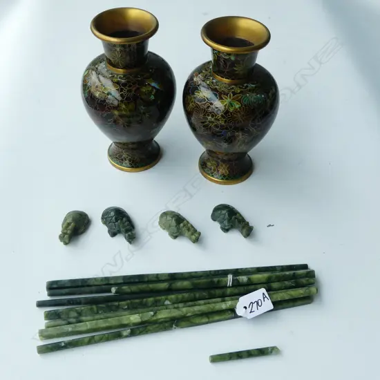 PR BROWN CLOISONNE VASES H.150mm, 4 PRS GREENSTONE CHOPSTICKS & RESTS