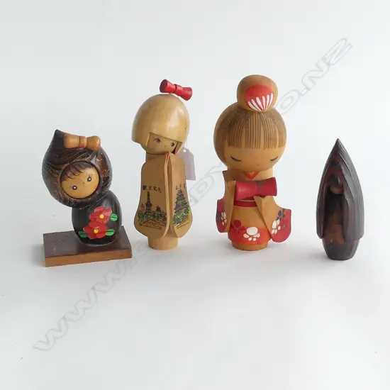 4 VINTAGE KOKESHI DOLLS SOME SIGNED, 1960s, H.120 -180mm