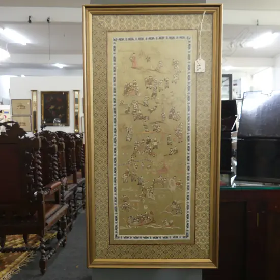 CHINESE EMBROIDERED ARTWORK, CHILDREN PLAYING 690x355mm overall