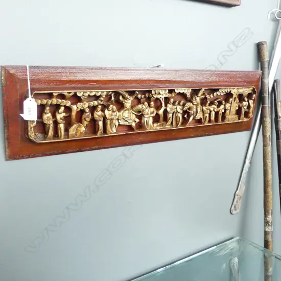 VINTAGE ORIENTAL CARVED WOODEN PANEL 165x645mm