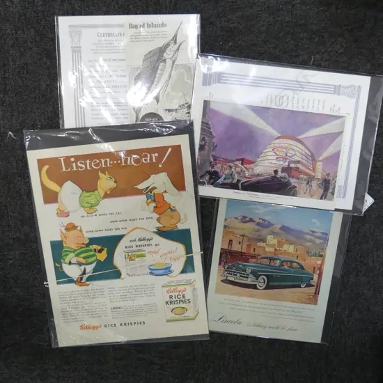 7 VINTAGE PRINTS (in 4 sleeves) some advertising: Kellogg's + Bay Of Islands + Lincoln + futuristic