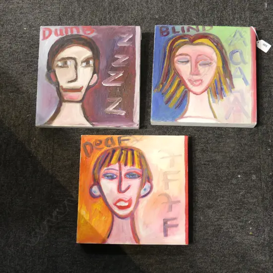 LEE FELTHAM TRIPTYCH 'DEAF / DUMB / BLIND' ACRYLIC ON CANVAS 250x250mm...