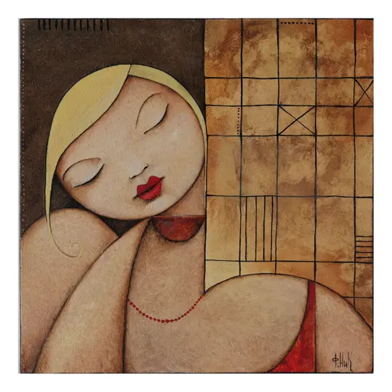 NICK FEDAEFF 'MADAME WITH COFFEE', ACRYLIC ON CANVAS, SIGNED & ORIG ARTIST TAG + PRICE $700), 380 x 380mm