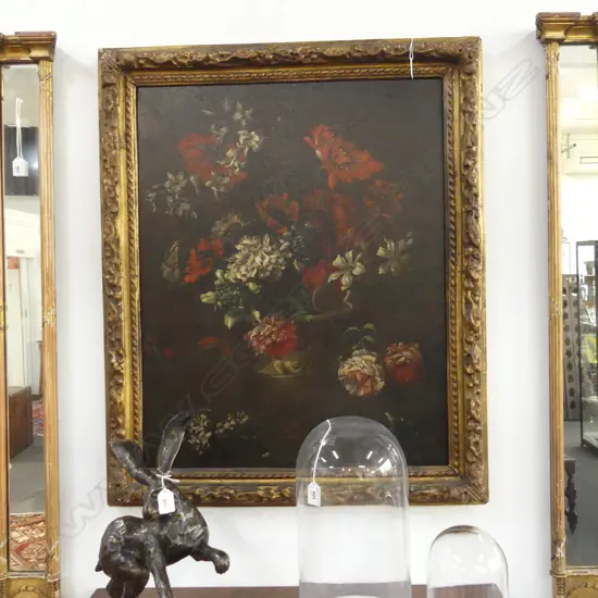 ARTIST UNKNOWN, FLORAL STILL LIFE OIL ON CANVAS, GILDED PAPIER MACHE FRAME 750x595mm...