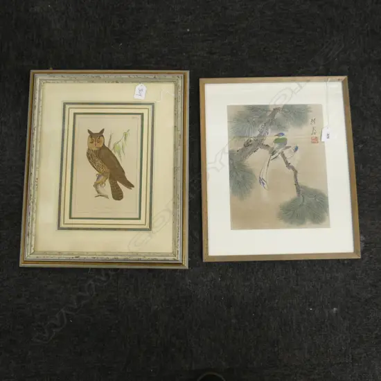  2 ARTWORKS; OWL PRINT 235x150mm, ORIENTAL PAINTING ON FABRIC 285x220mm