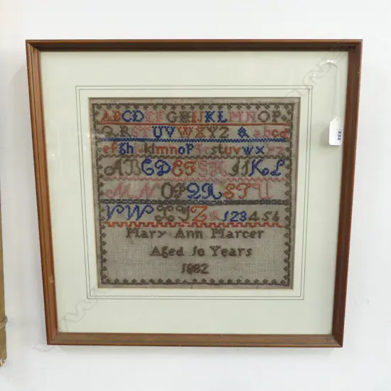 FRAMED ALPHABET SAMPLER 'MARY ANN MARCER AGED 10 YEARS 1882, 265 x 270mm
