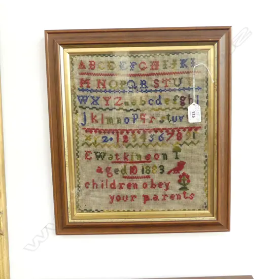 FRAMED ALPHABET SAMPLER 'E WATKINSON AGED 10 1883, 'CHILDREN OBEY YOUR PARENTS', 300 x 250mm