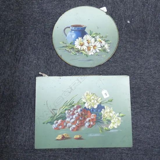 TWO 1912 FOLK ART HAND-PAINTED FLORAL WORKS ON TIN, 295 x 395mm. Dia. 295mm