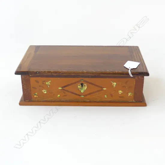 ANTIQUE NZ KAURI INLAID TIMBERS BOX ‘LOVE HOPE & CHARITY’ INLAY, L.240MM W.145MM