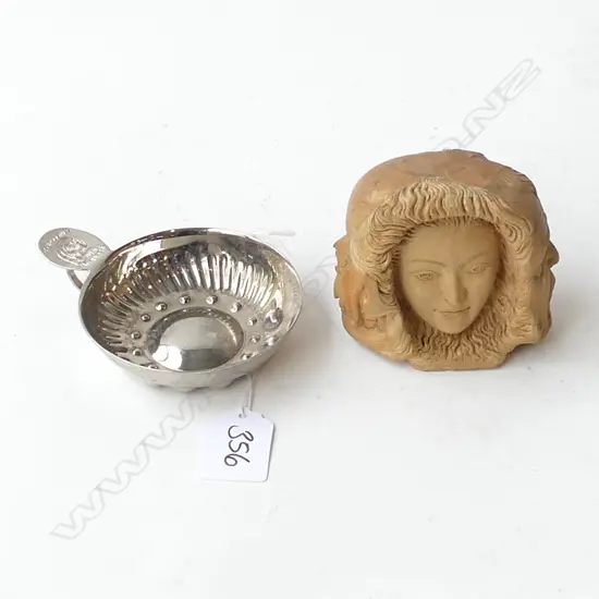 VINTAGE WOODEN CARVING 'THE THREE AGES OF MAN' H.80mm & BOURGOGNES PATRIARCHE WINE TASTING CUP