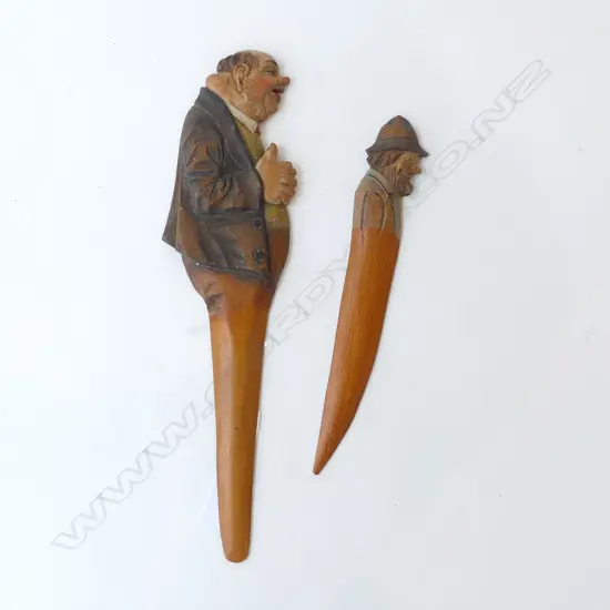 TWO VINTAGE ANRI CHARACTER CARVED WOODEN LETTER OPENERS OR PAGE TURNERS, L.225-310MM