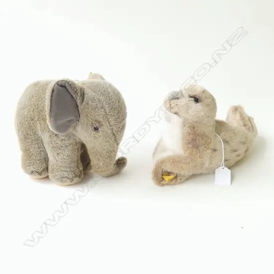 2 VINTAGE STEIFF SOFT TOYS; SEAL & ELEPHANT (both with button & tags) H.140 /160mm