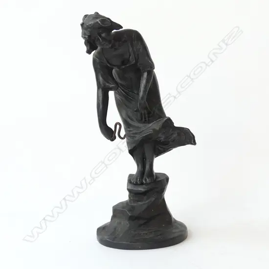 ANTIQUE ART NOUVEAU SPELTER WATCH HOLDER FIGURINE W. HOOK FOR WATCH, H.220mm