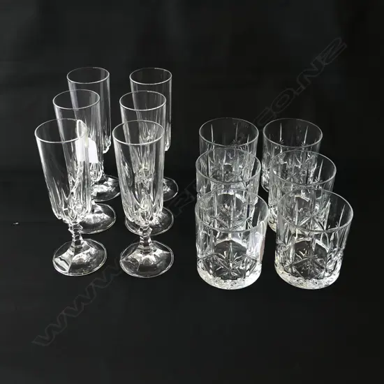 SET OF 6 RCR ITALIAN CRYSTAL CHAMPAGNE FLUTES, H.190mm SET OF 6 WATERFORD MARQUIS DOUBLE OLD FASHIONED WHISKY TUMBLERS,