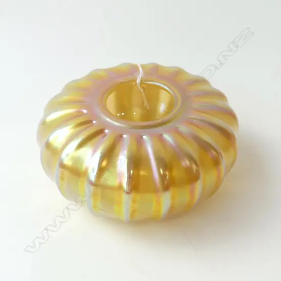 CORREIA GOLD AURENE IRIDESCENT GLASS VASE RIBBED MELON SHAPED, SIGNED & NUMBERED 190mm dia