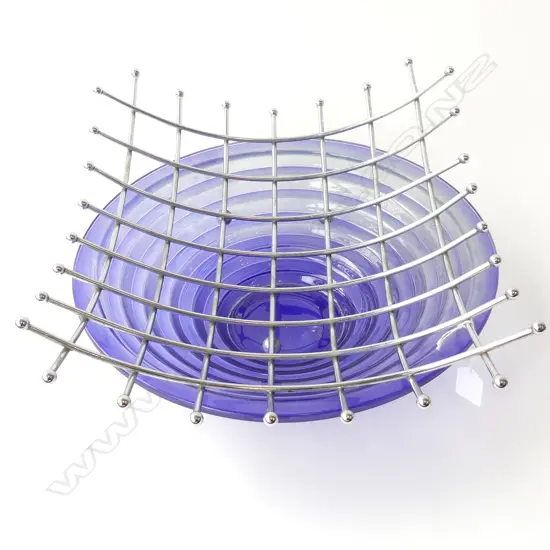 2 LG FRUIT BOWLS; BLUE GLASS 355mm dia, SILVER METAL