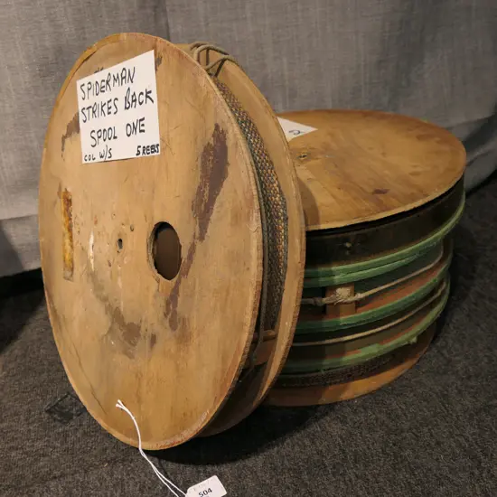 5 VINTAGE WOODEN FILM REELS 'SPIDERMAN STRIKES BACK'