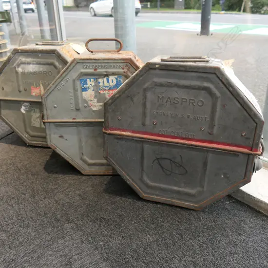 3 VINTAGE FILM REELS, IN METAL CASES