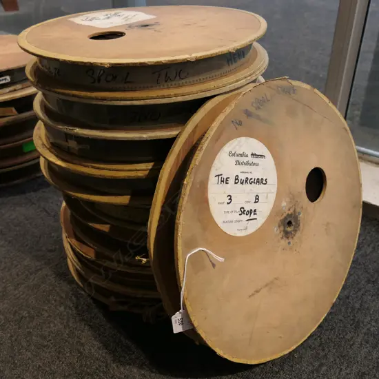 9 VINTAGE WOODEN FILM REELS 'THE BURGLARS'