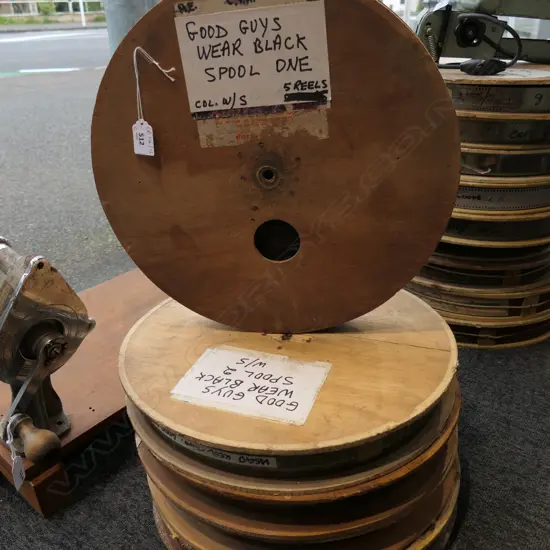 5 VINTAGE WOODEN FILM REELS 'GOOD GUYS WEAR BLACK' 