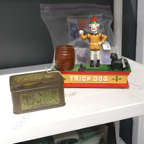 REPRO CAST IRON MONEY BOX L200MM & VINTAGE WORLD SAVING BANK L110MM