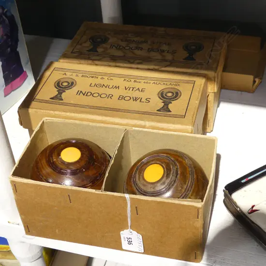 SIX LIGNUM VITAE INDOOR BOWLING BALLS, A.J.S BROWN & CO AUCKLAND, IN BOXES