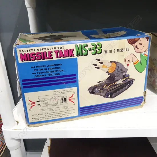 BOXED VINTAGE BATTERY MISSILE TANK TOY  JAPANESE MADE L350MM