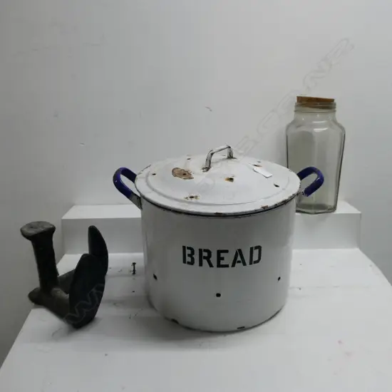LG LIDDED ENAMEL BREAD BIN H.320mm, CAST IRON SHOE LAST, LG CORKED JAR