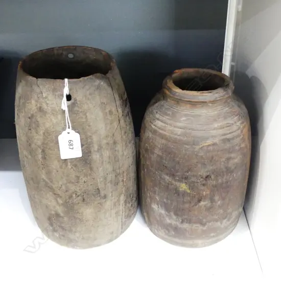 2 ANTIQUE WOODEN CONTAINERS; NEPALESE HIMACHAL WATER POTS H.255mm
