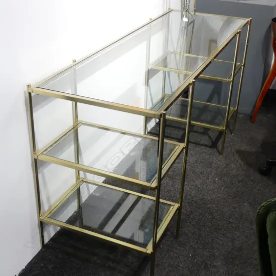 CONTEMPORARY GLASS & GOLD METAL DESK, DISSEMBLES 1400x500x740mm...