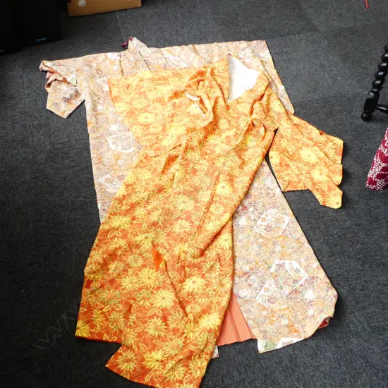 2 VINTAGE FULL LENGTH JAPANESE SILK KIMONO, ORANGE TONES - FULLY LINED