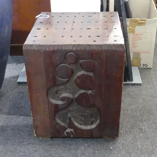 OLD CARVED BLOCK FORM COFFEE TABLE carved with Maori cave drawing + runic letters etc 450 x 450 x 590mm