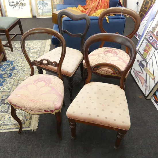 4 VICTORIAN BALLOON BACK DINING CHAIRS, PINK SEATS