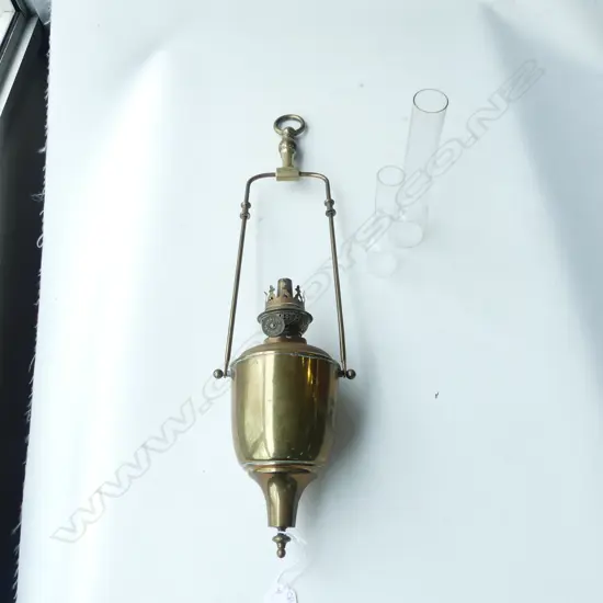 ANTIQUE BRASS SUSPENDED GAS LAMP / SHIPS LANTERN H.530mm + 2 FLUES