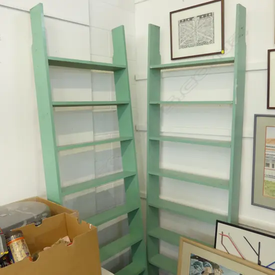 2 WOODEN BOOKSHELVES, SEAFOAM COLOUR 700x140x2135mm