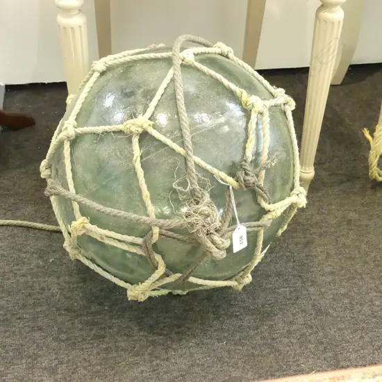 OLD GLASS FISHING FLOAT w. NETTING APPROX DIA.350mm hand blown