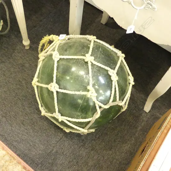 OLD GLASS FISHING FLOAT w. NETTING APPROX DIA.350mm hand blown