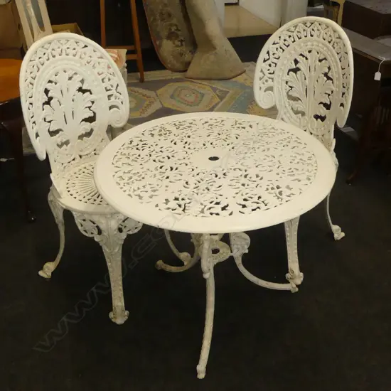 3 PCE WHITE METAL PATIO SET; TABLE & PR CHAIRS